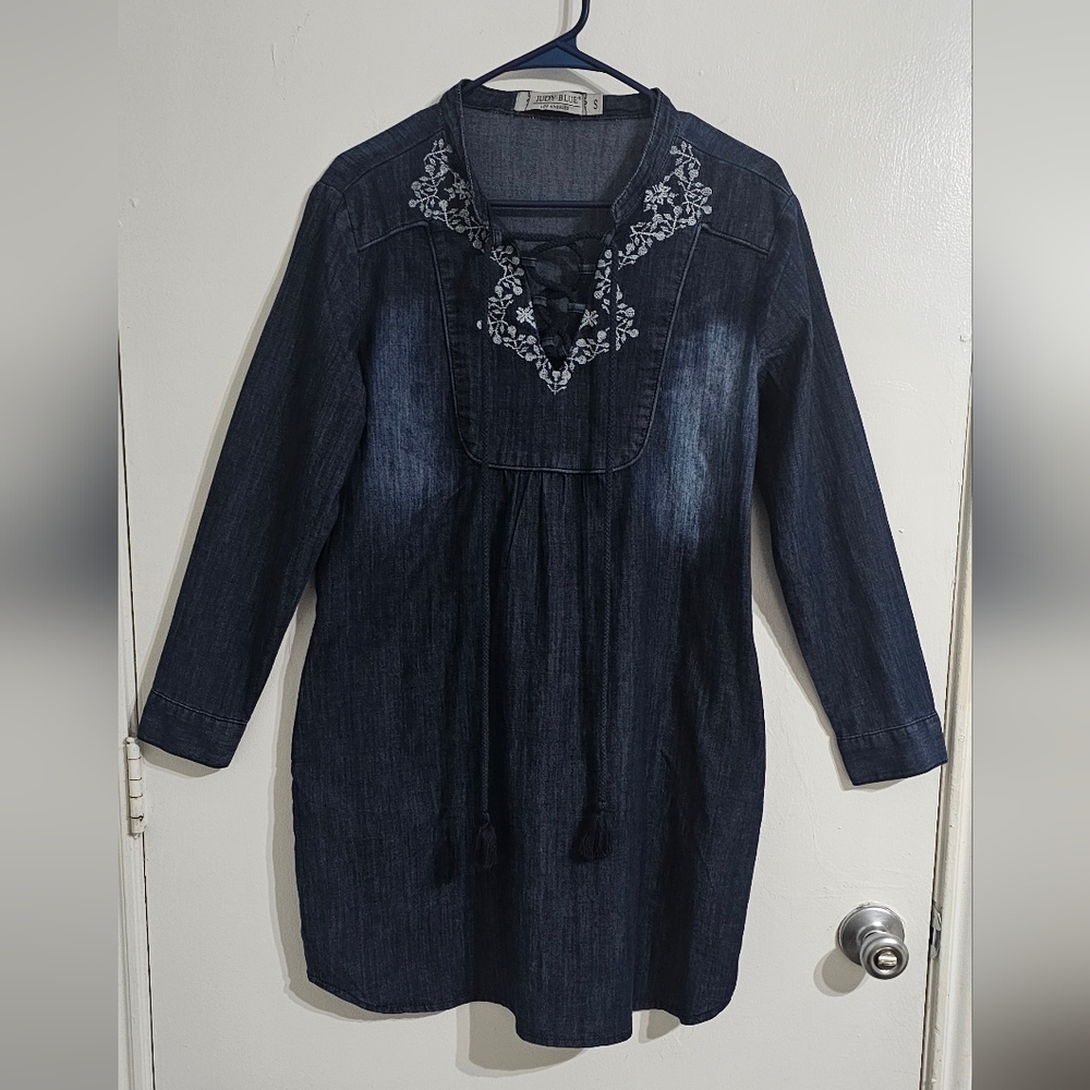 Judy Blue Denim Dress Sz S Dark Wash Embroidered Tassel Tie Boho Western Festive